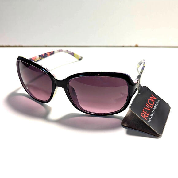 Revlon Designer Wrap Sunglasses Butterfly Round Black Floral Purple Lenses Chic - Picture 1 of 8